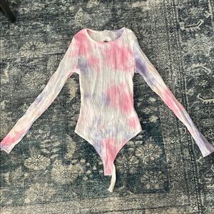 Pink and Purple Long-Sleeved Bodysuit with Tie-Dye Pattern